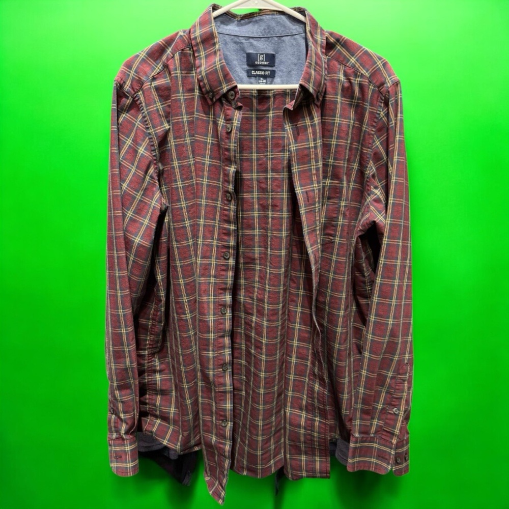 George Men's Red and Green Plaid Dress Shirt XL button up